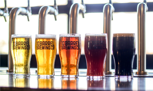 lined up pint glasses in front of beer taps